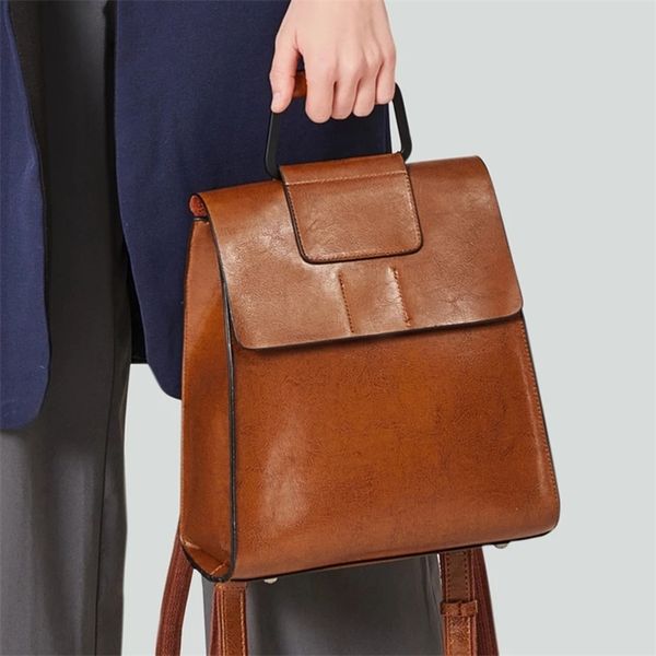 

100% genuine layer cowhide school bag leather women backpack daypack fashion rucksack 210911