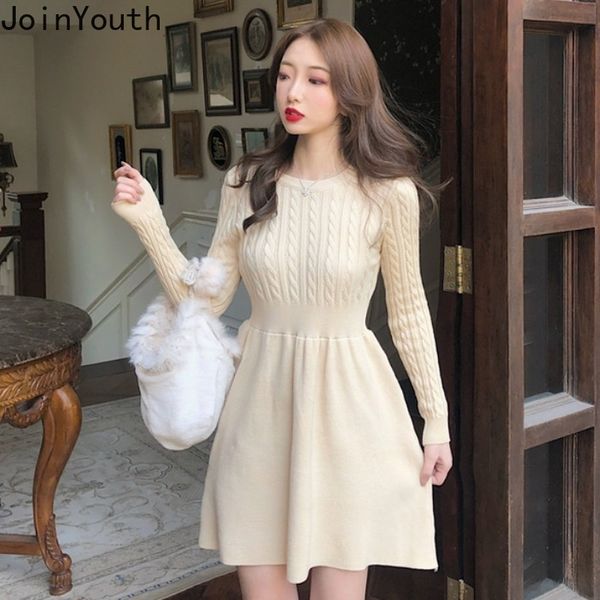 

joinyouth autumn winter sweater dress women a-line solid high waist knitted vestidos elegant korean mini dresses 210226, Black;gray