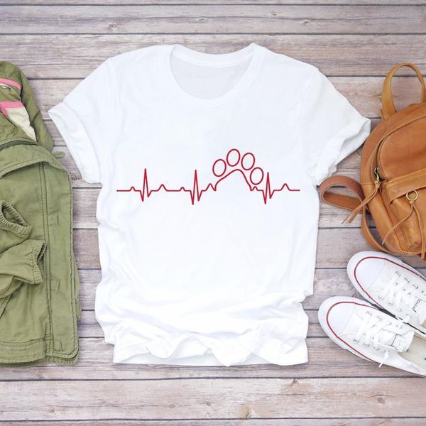 

women t-shirts dog cat lovely heartbeat short sleeve pet animal ladies print lady womens graphic t shirt female tee t-shirt, White