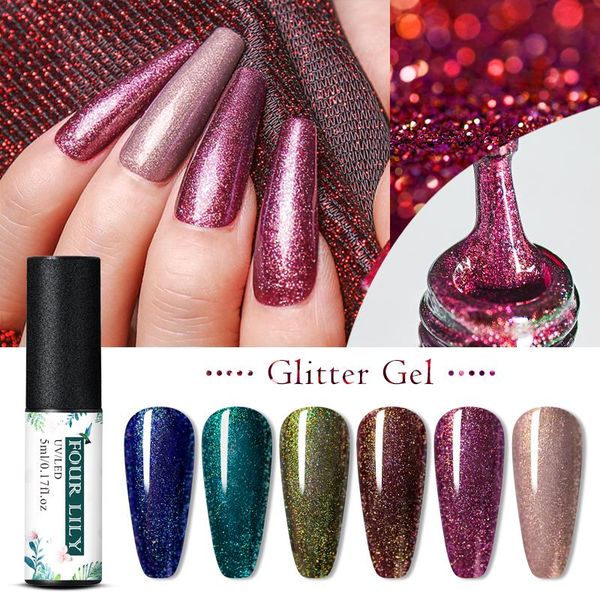 

nail gel four lily 5ml glitter uv polish bling sequins rose red blue soak off manicure varnish base coat need, Red;pink
