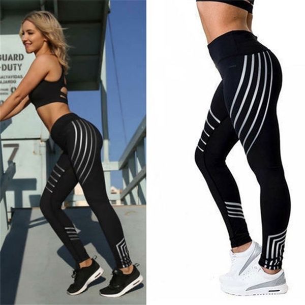 Moda Mulheres Leggings Listrado Impressão Preto Fitness Legging Jeggings Sexy Silm Legins Cintura Alta Cintura Calças Calças 210604