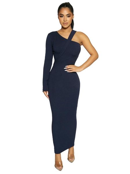 

casual dresses kgfigu for women 2021 fall clothing ladies one shoulder long sleeve bodycon maxi dress elegant solid color, Black;gray