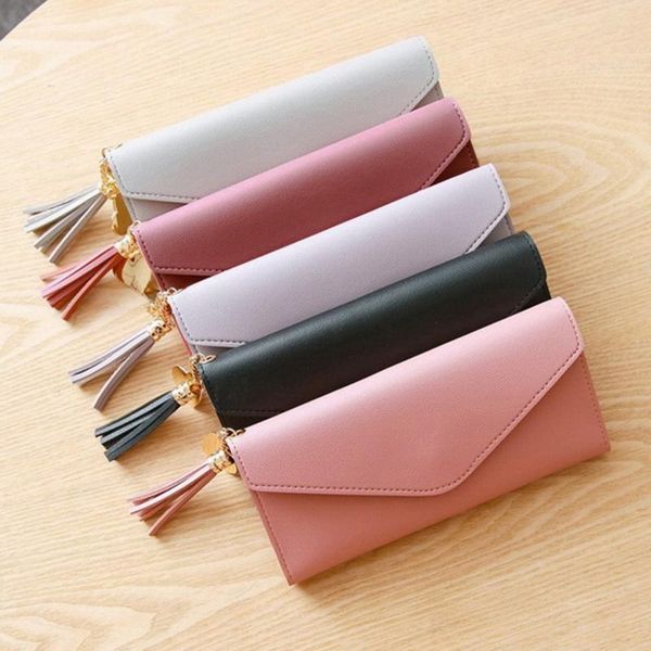 

card holders long wallet women purses tassel fashion coin purse holder wallets female clutch money bag pu leather, Brown;gray
