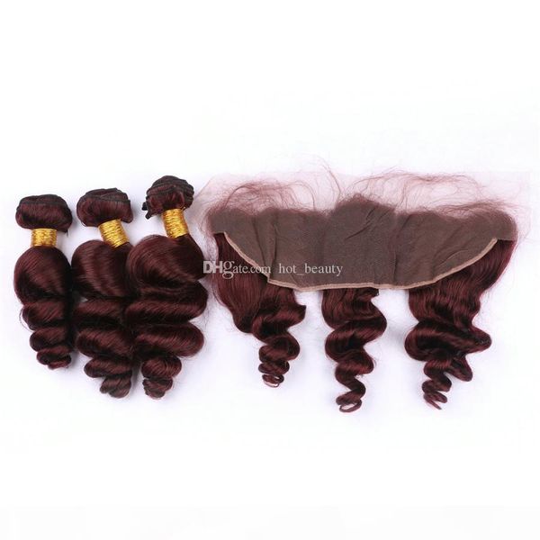 

burgundy loose wave human hair weaves with lace frontal closure wine red 99j hair bundles with ear to ear lace frontal, Black