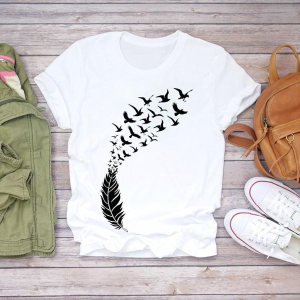 

feather bird cartoon 90s womens clothing fashion clothes ladies graphic female tee, White