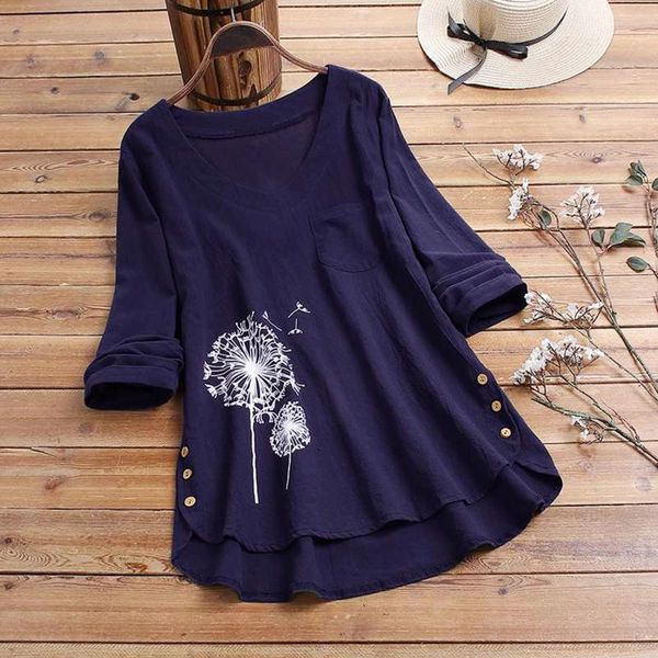 

women's blouses & shirts dandelion print blouse women pocket casual long sleeve cotton button shirt camisas de mujer loose blusa femin, White