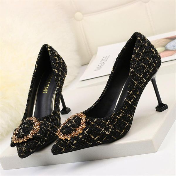

dress shoes autumn shallow women pumps fashion high heels crystal working ladies pointed toe slip-on party brand for woman, Black