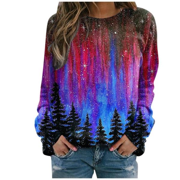 

women's hoodies & sweatshirts fashion starry sky landscape printing print long-sleeved sweatshirt casual vintage unique design o-neck p, Black