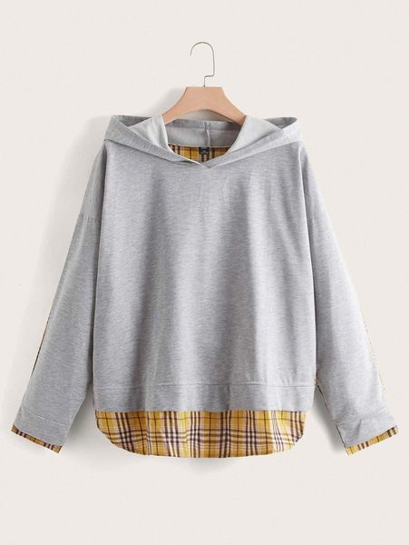 

plus plaid drop shoulder hoodie k4me#, Black