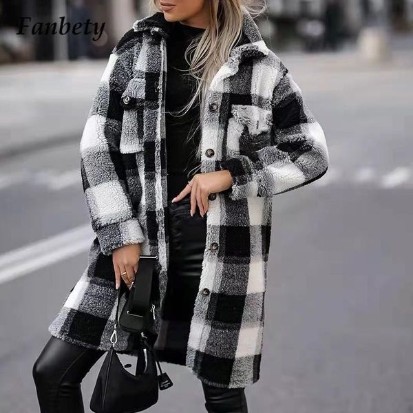 

women's wool & blends autumn winter warm plaid long outerwear vintage pattern tweed furry windbreaker coat women elegant lapel single b, Black