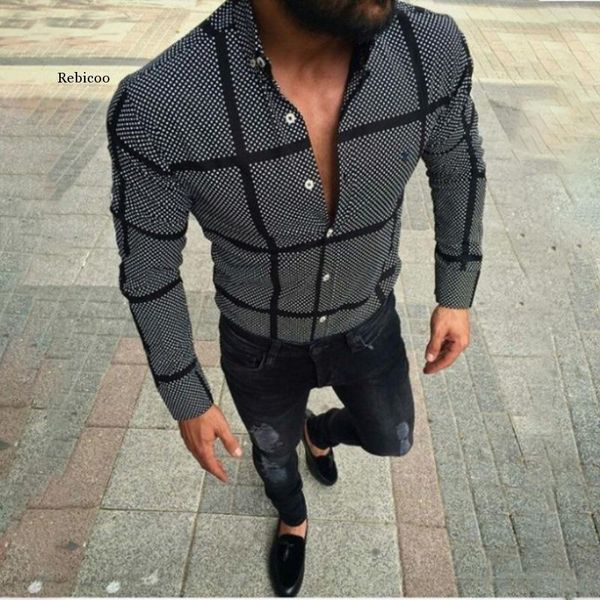 

men's casual shirts men slim autumn printing grid long sleeve party fitness formal blouses, White;black