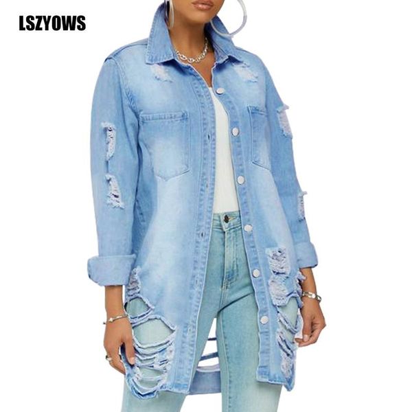 

women's jackets women ripped hole denim jacket streetwear autumn winter long sleeve coat casual loose vintage jeans female outwear, Black;brown