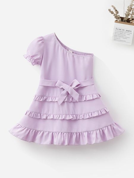 

toddler girls one shoulder puff sleeve ruffle hem belted dress she, Red;yellow