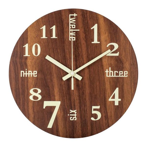 

wall clocks 12-inch wooden clock with luminous retro word numbers, silent, used in bedroom, living room, kitchen, dining room