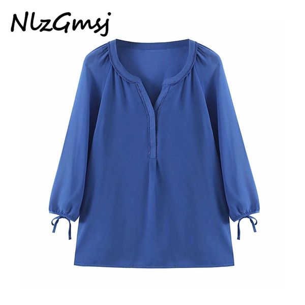 

blouse women blue sweet folds v-neck long-sleeved fashion casual shirt women 03 210628, White