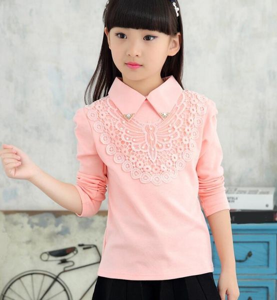 

shirts school girl white blouse pearls lace long sleeve turn-down collar baby toddler teen shirt for kids girls blouses, White;black