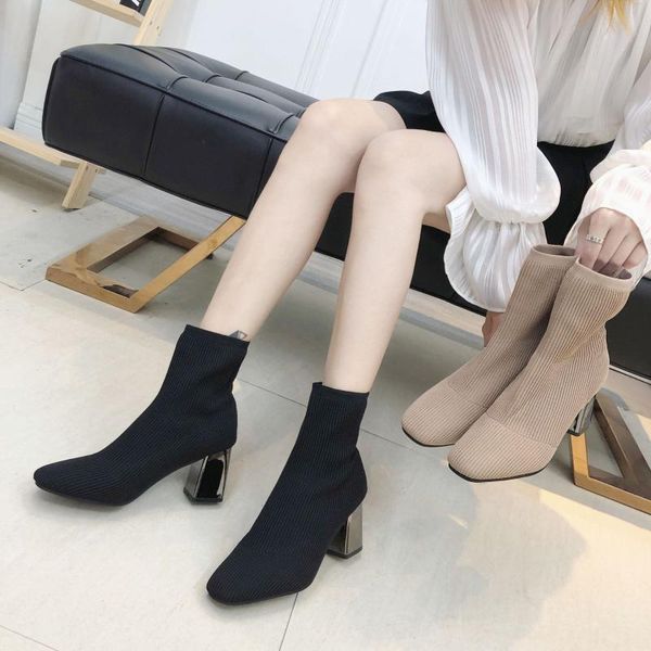 

boots korean style women's square head thin knitted elastic high heel socks, Black