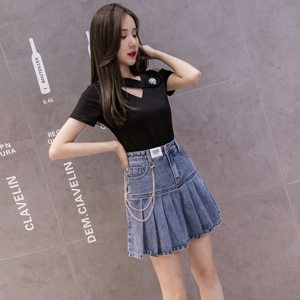 

korean pleated 2021 spring new high waist a-line short denim skirt, Black