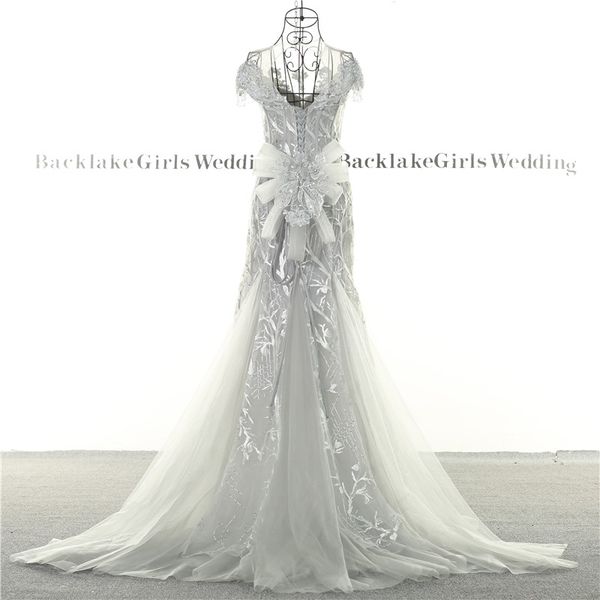 

Round Neck Mermaid Beaded Gray Evening Dresses V Lace Up Back With Tassel Bow Short Sleeves Tulle Party Gown Robes 2021