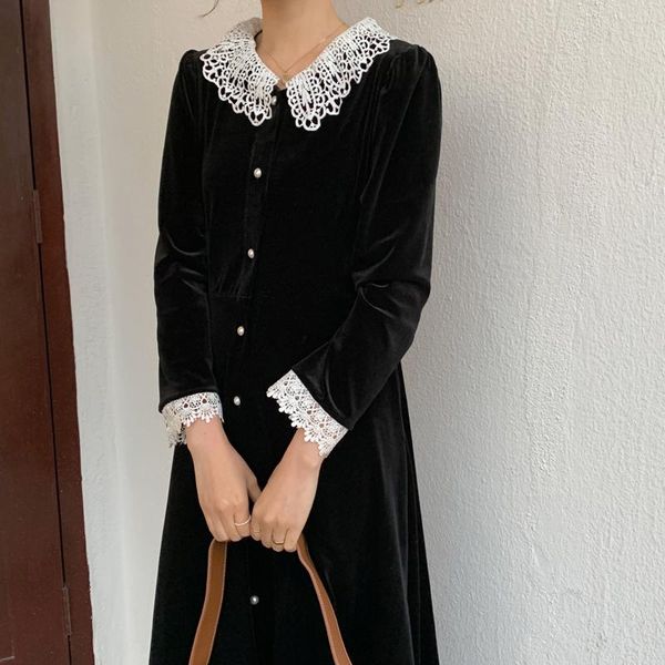 

alien kitty 2021 new spring women french velvet lace retro dresses loose long gentle elegant chic v-neck female fashion clothe, Black;gray