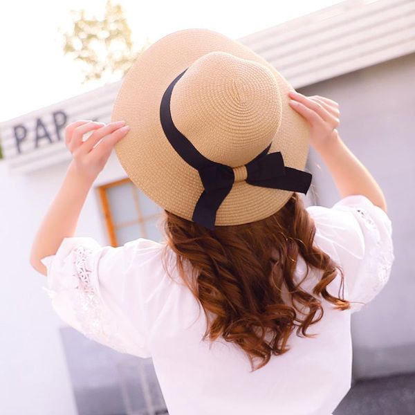 

wide brim hats summer foldable bows straw hat girls women outdoor beach sun protection bucket caps fashion lady panama, Blue;gray