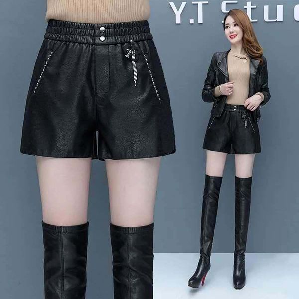 

women's shorts black faux leather women elastic high waist wide leg fashion casual ladies pu femme plue size 5xl, White;black