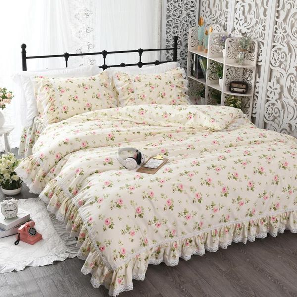 Set di biancheria da letto Copripiumino con bordo in pizzo con volant floreale coreano Twin Kid Girl Set ultra morbido reversibile in cotone 100%