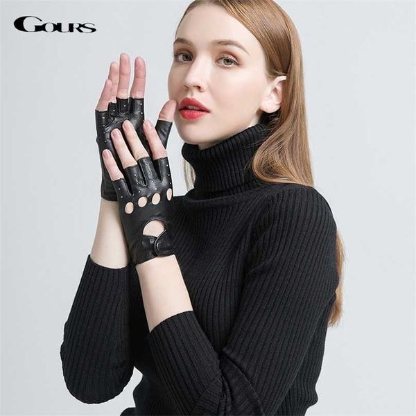

gours genuine leather gloves for women black fashion goatskin fingerless winter half finger fitness arrival gsl052 211214, Blue;gray