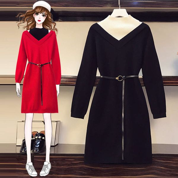 

large size women's clothing autumn winter 2020 new style foreign style thin waist covering meat fat sister age reducing red sweater dre, Black;gray