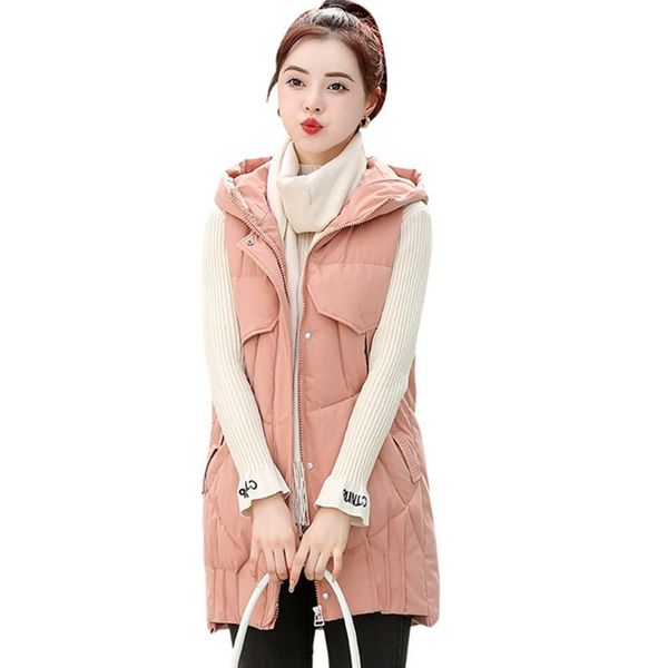

women's vests 2021 autumn winter hooded casual women sleeveless jacket loose quilted down cotton padded vest ladies solid long waistcoa, Black;white