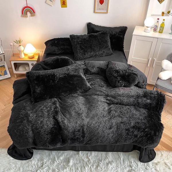 

bedding sets black plush shaggy duvet cover twin  king us cal 4/7pcs fluffy zipper set bed sheet pillow shams soft velvet