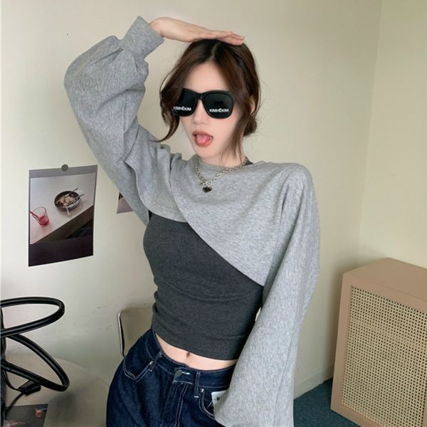 

long-sleeved lantern sleeve gray sweatshirts women's autumn korean loose jacket 2021 new ultra short qjxb, White