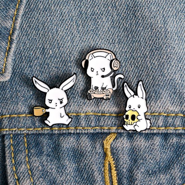 

cute cartoon white rabbit brooches student rabbits skull cup pins enamel alloy backpack cowboy badge fashion accessories, Gray