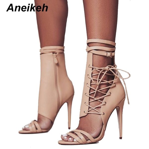 

aneikeh roman buckle strap shoes women sandals gladiator cross-tied lace up peep toe high heels ankle boots black aprict 210306