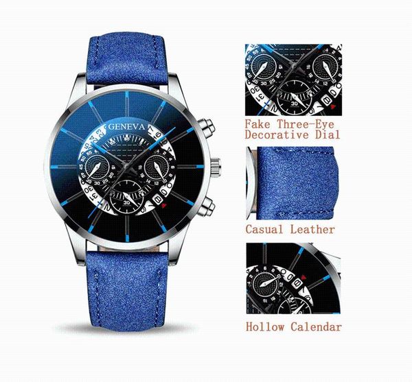 

wristwatches luxury blue three-eye men's fashion business watch with calendar, frosted belt non-mechanical watch, quartz pointer,, Slivery;brown