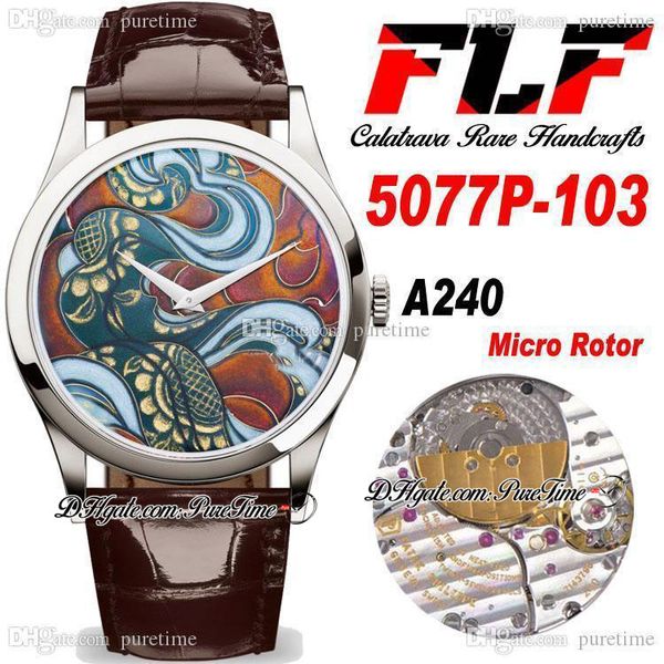 

flf calatrava classic 5077p-103 a240 automatic mens watch steel case rare handcrafts green bhutan textiles enamel dial brown leather super e, Slivery;brown