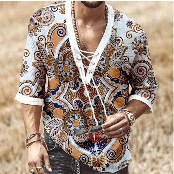 

shirtsmen's chest lace up corns medium sleeve t-shirt printed shirt, White;black
