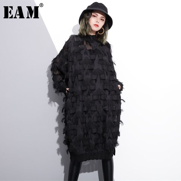 

[eam] new spring autumn stand collar long sleeve perspective black loose tassels big size dress women fashion tide ji780 210309, Black;gray