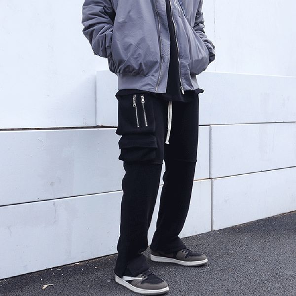 

2021 new multi-pocket joggers casual high-street men's inside the velour winter thick sweatpants with cordon 22qo, Black