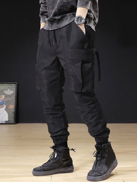 

men solid drawstring waist cargo pants 32x9#, Black