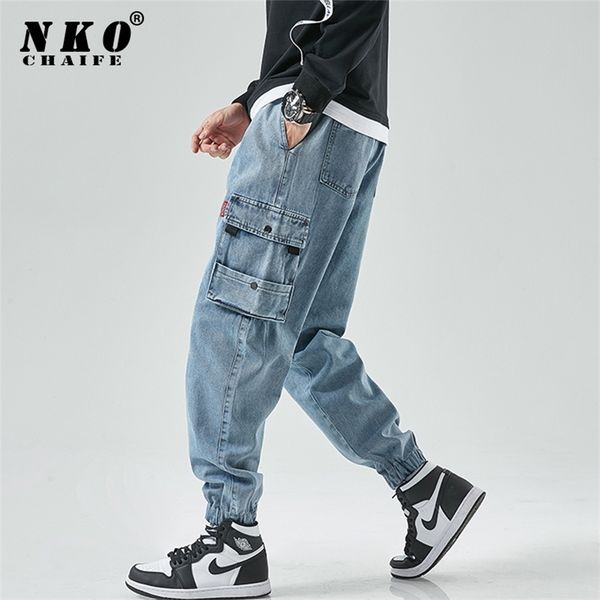 

chaifenko hip hop cargo jeans pants men fashion casual harem joggers trousers streetwear denim plus size -8xl 220308, Blue