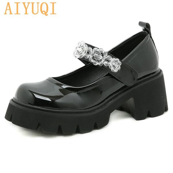 

dress shoes mary jane women platform 2021 autumn crystal high heels patent leather british style lolita for girls, Black