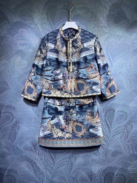 

2021 autumn new print lace long sleeve jacket with skirt set, White