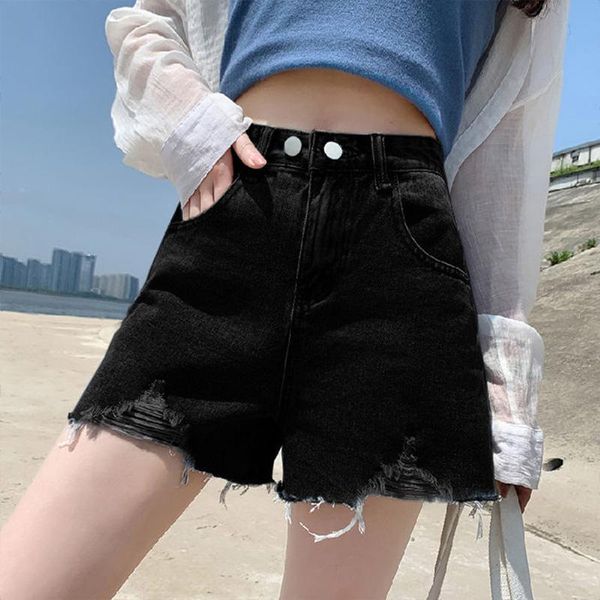 

ailegogo 2021 new summer women vintage loose hole blue denim shorts casual female wide leg solid color frayed black jeans shorts, White;black