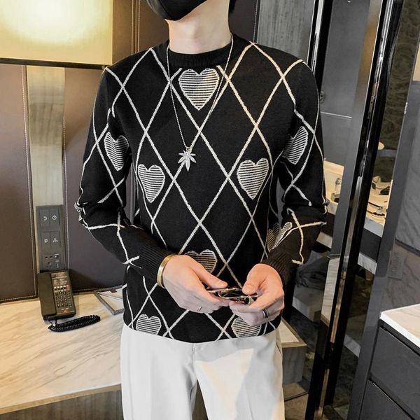 

men's sweaters korean style love heart print knitted bottom shirt sweater for men heren fall winter o-neck fashion pullover, White;black