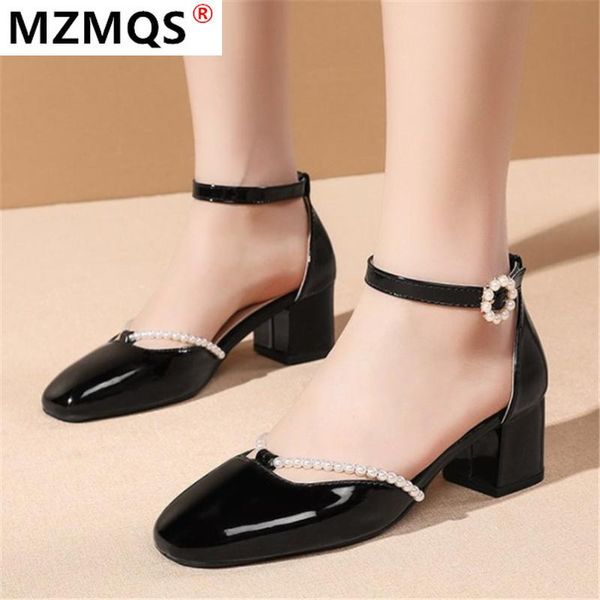 

sandals 2021 summer high heels women's fashion comfort vintage buckle square head women shoes zapatos de mujer, Black