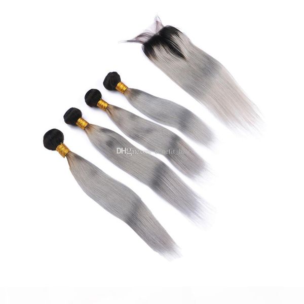 

doublr wefted silky straight hair extensions with ombre colored 1b grey closure 4x4 ombre color 1b grey straight 3bundles with lace closure, Black;brown