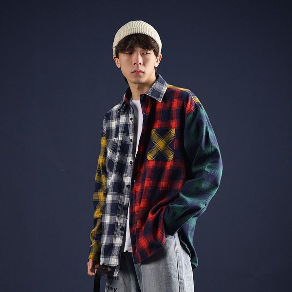 

privathinker oversized patchwork plaid shirts men streetwear casual long sleeve shirt hip hop korean harajuku men's clothing 210316, White;black