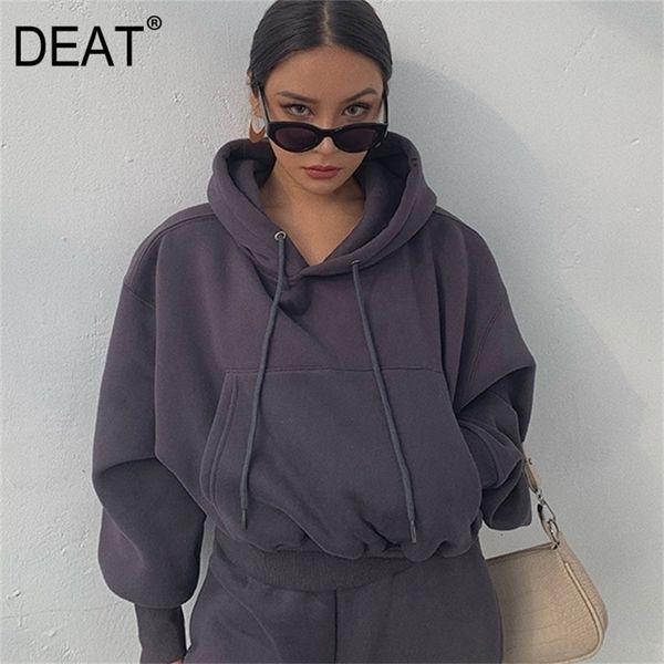 

deat new winter fashion women clothes hooded drawstring pullover lantern sleeves sweatshirt and track pants lj201130, Black