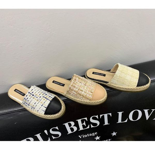 

slippers woman shoes half 2021 spring and summer casual straw flat bottomed loafer mueller zapatos de mujer, Black